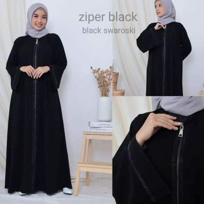 Hot Promo, Abaya Hitam Gamis Arab Hitam Zipper Black Swaroski Busui Jetblack