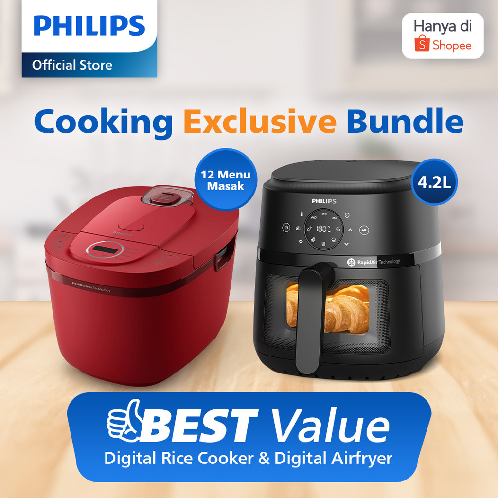 [Bundling] Philips Digital Rice Cooker 12 Menu HD4712/31 Merah + Philips Airfryer Low Watt 4.2 L NA2