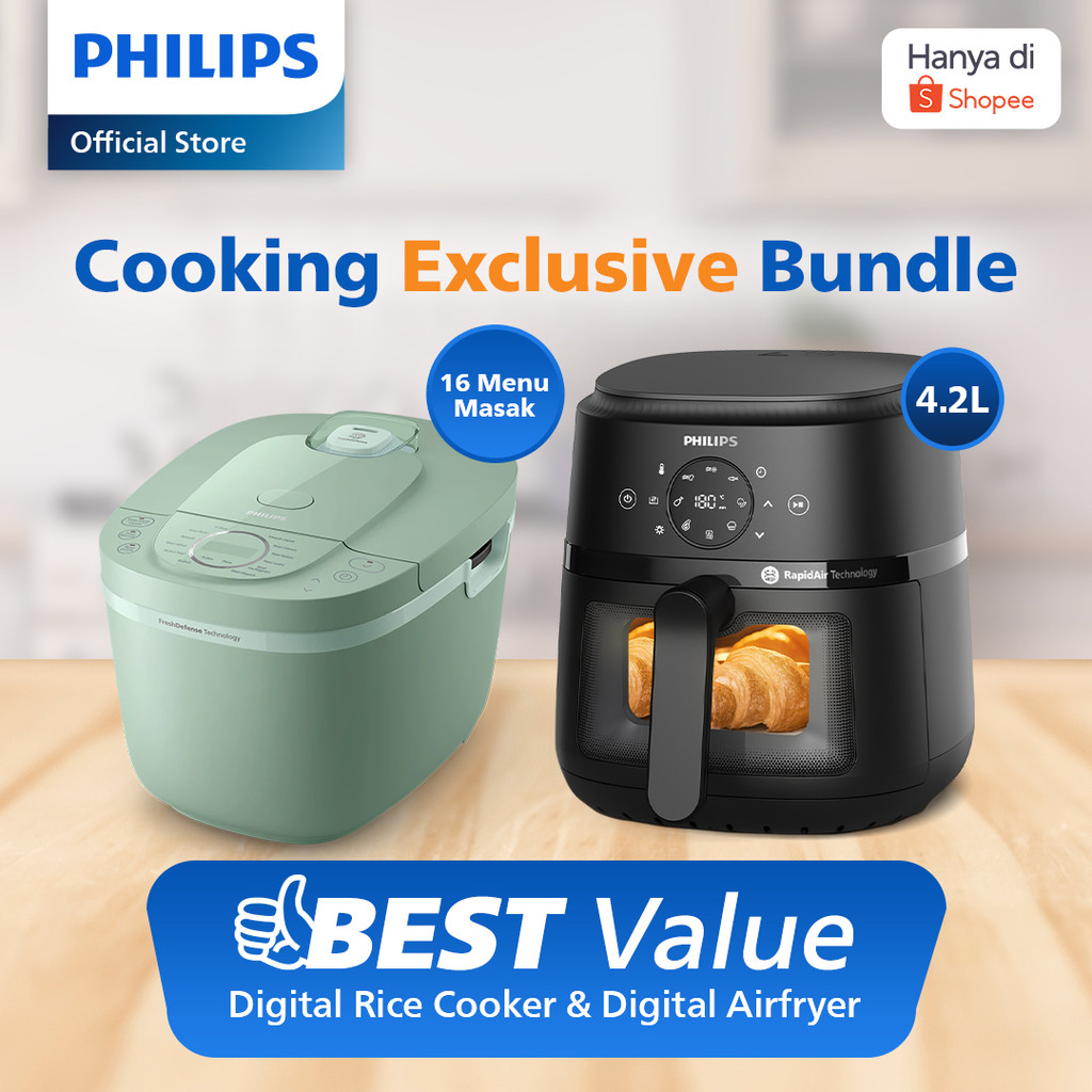 [Bundling] Philips Digital Rice Cooker 16 Menu HD4716/32 Hijau + Philips Airfryer Low Watt 4.2 L NA2