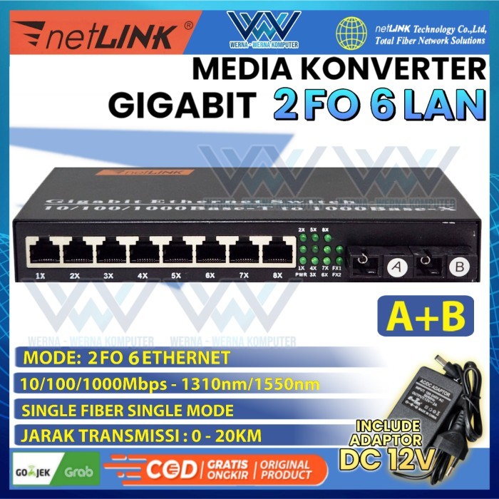 Media Konverter Gigabit 2 FO 6 LAN Fiber Optic Switch Converter