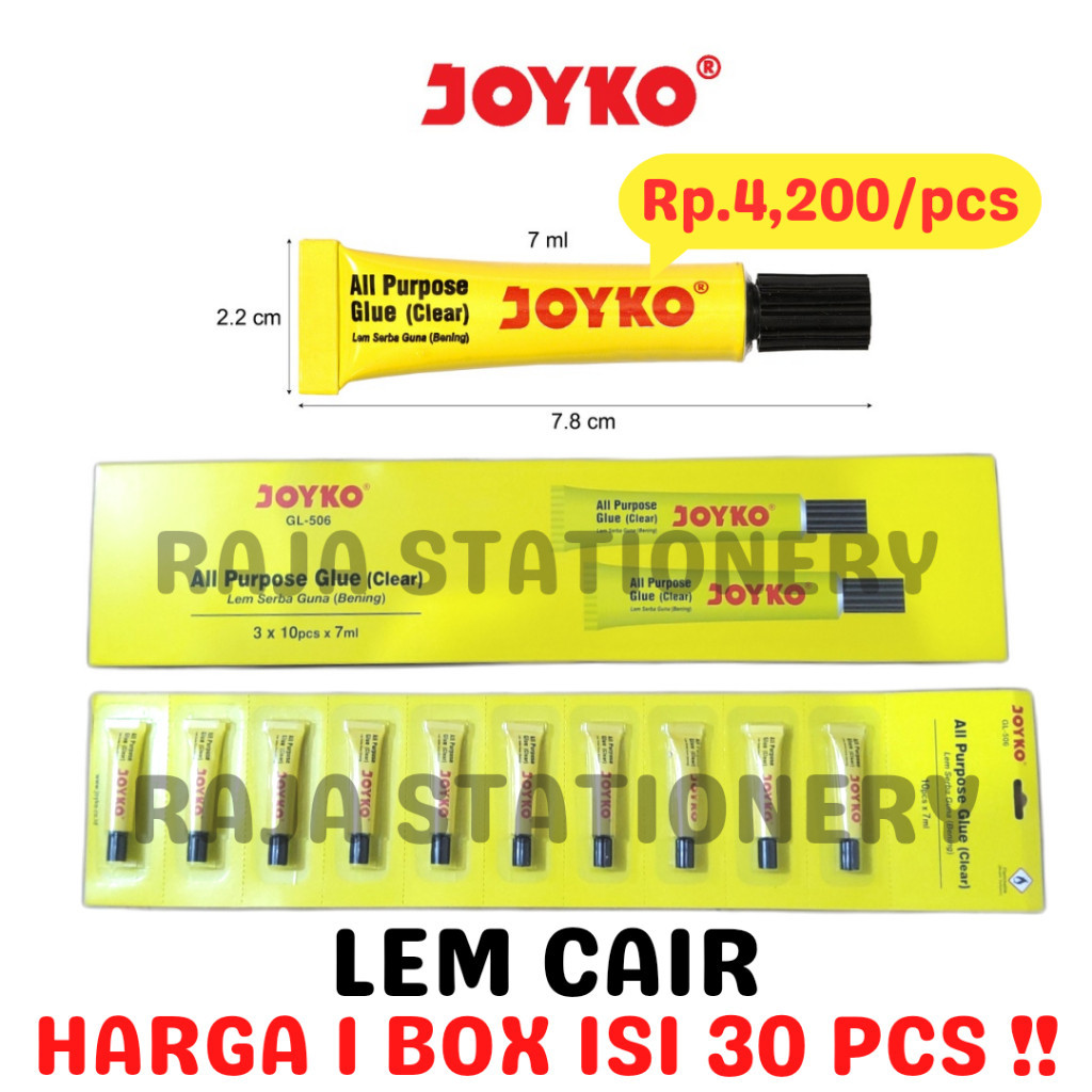

JOYKO ALL PURPOSE GLUE TRANSPARENT LEM SERBAGUNA CAIR 7ML KECIL BENING TRANSPARAN KAIN KERTAS PLASTIK GL-506 BOX [30PCS] RAJA BIG BOX