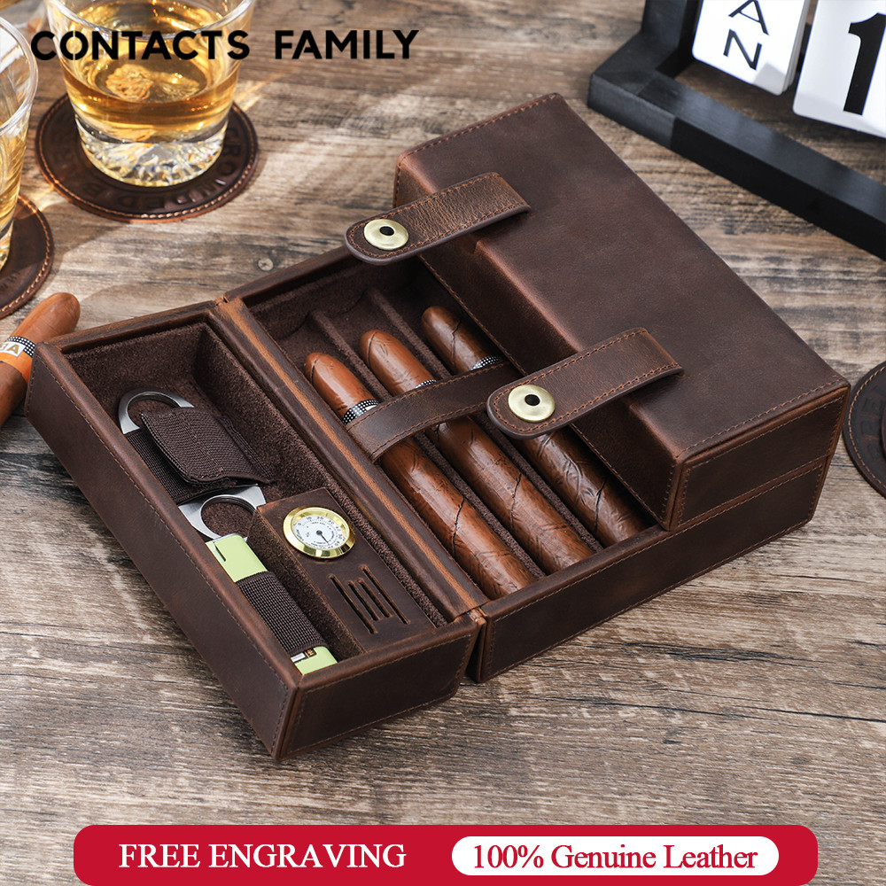 DAMO Genuine Leather Portable Humidor Cigar Travel Case 7 Tube Holder Built in Hygrometer Humidifier
