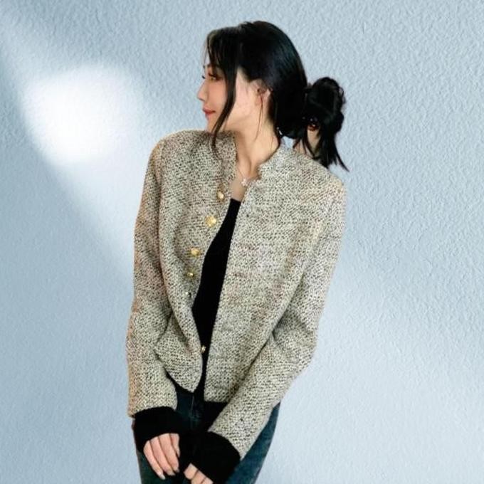 Promo Folady - M579 Atasan Blazer Tweed Wanita Import High Class Lengan Panjang Full Kancing Gold Me