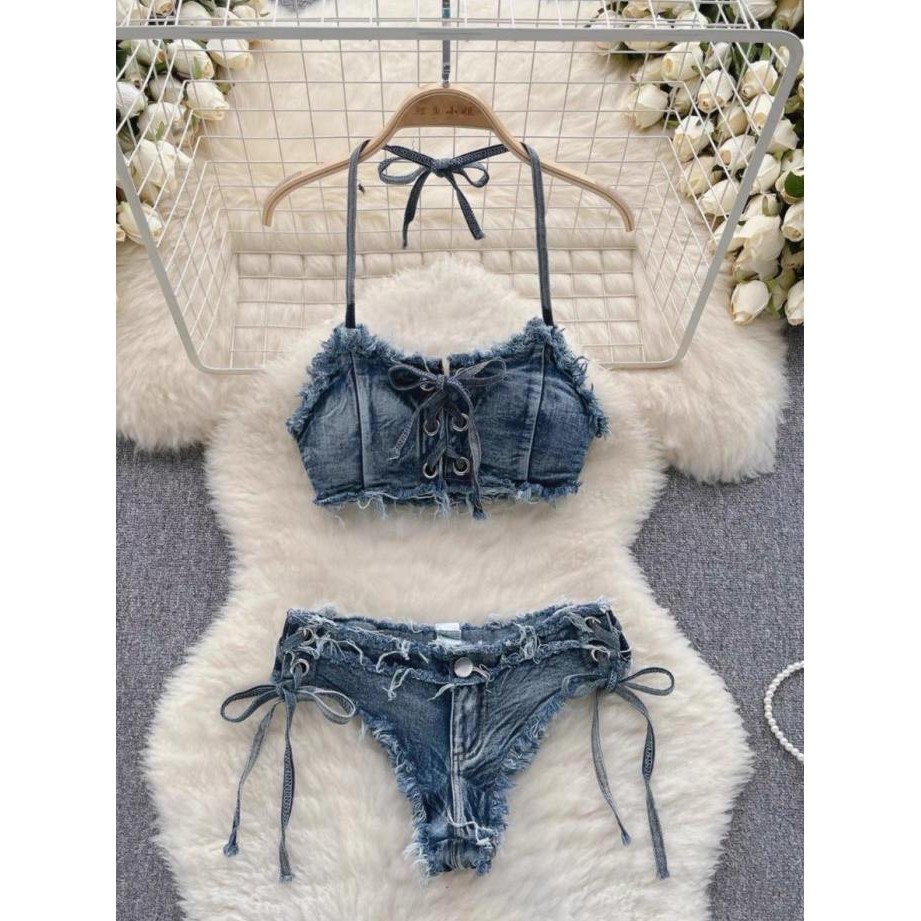 

Sexy Lingerie Wanita Bra Set Jeans Cross Back Bikini Babydoll B028-A Original