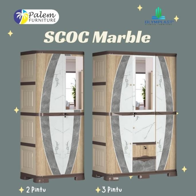 Lemari Plastik 3 & 2 Pintu Minimalis Aesthetic Olymplas Rak Kaca Gantung Scoc Marble