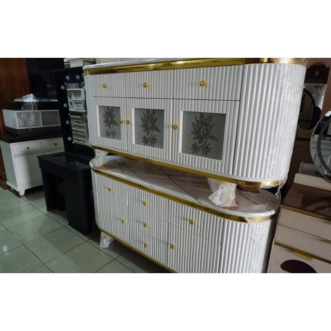 Bufet Tv Oval Credenza / Bufet Serbaguna / Bufet Modern / Ukuran 160 White Gold