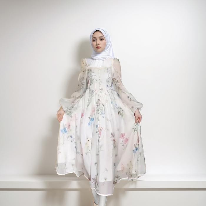 [FANMU] GAUN PUTIH FAIRY DRESS KOREA PANJANG LENGAN RETRO ELEGAN VINTAGE DRESS WANITA CASUAL SIFON