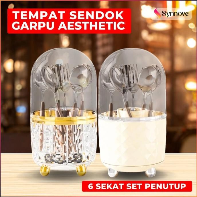 Tempat Sendok Garpu Tertutup Bahan PET Food Grade Tempat Sendok Aesthetic Tertutup Bisa Diputar 360 
