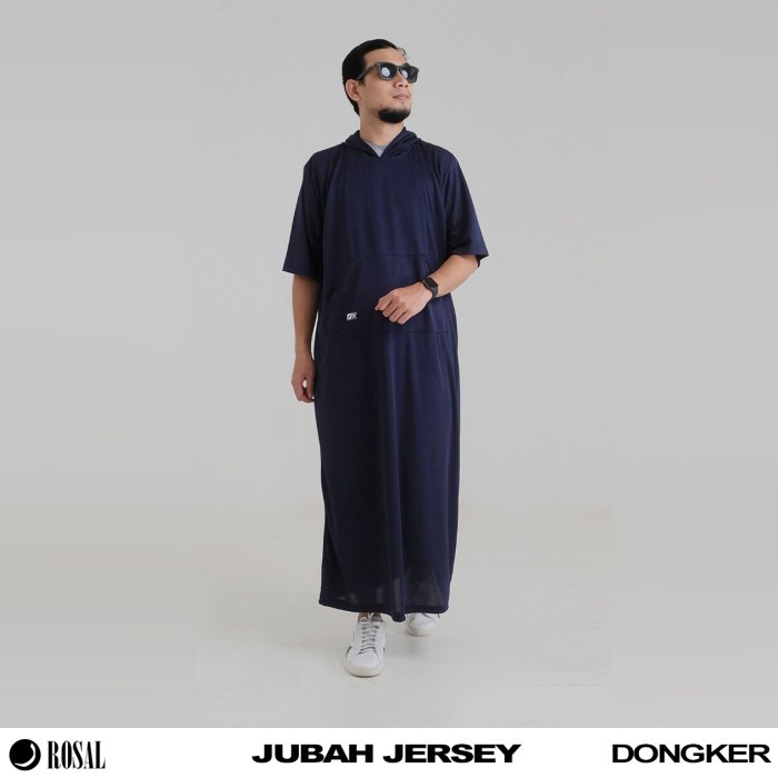 Jubah Jersey Rosal Biru Dongker, Baju Jubah Gamis Pria Lengan Pendek Polos Hoodie Bahan Kaos Jersey