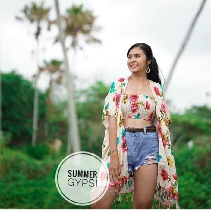 BAJU PANTAI BALI SETELAN PANTAI HAWAII TROPICAL (OUTER FRINGE+KEMBEN)