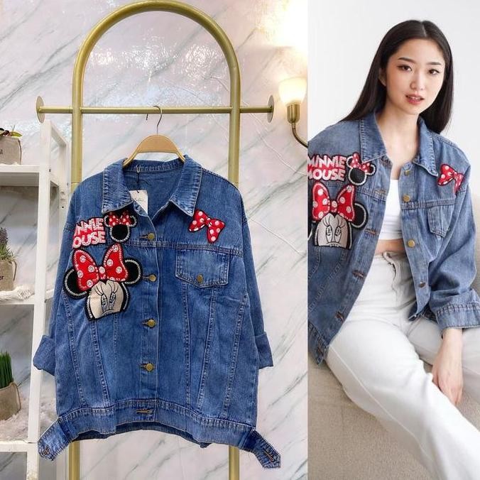 Grosir Jaket Jeans Premium Motif Mickey Mouse Merah Wanita Cewek