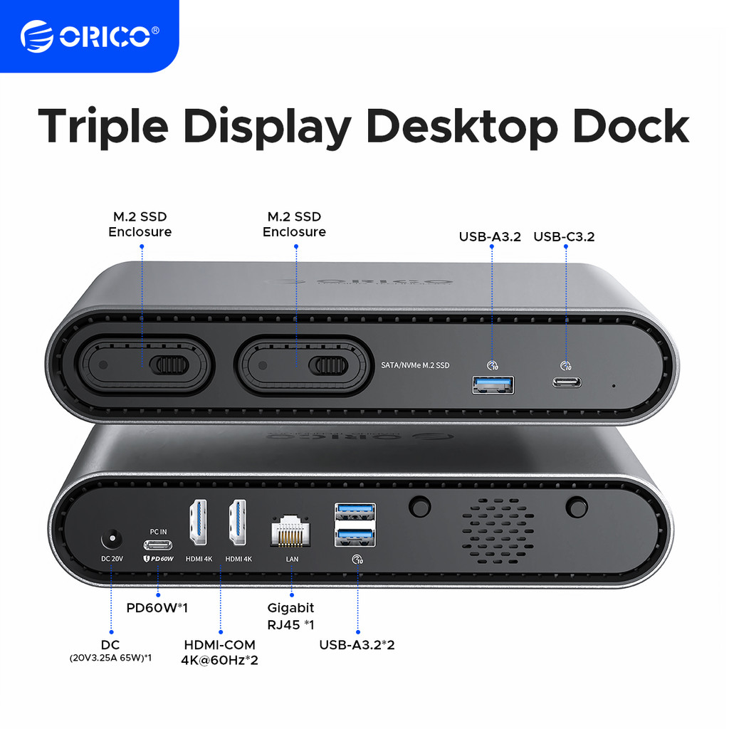 STB M.2 NVME SATA SSD Case Triple Display Docking Station Deck with Dual 4K60Hz HDMI-com PD60W Ether