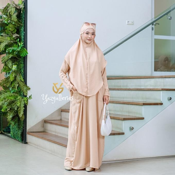 Fateeya Abaya Set Hijab Tali 2 In 1 Gamis Umroh Series Crinkle Airflow Premium Terbaru