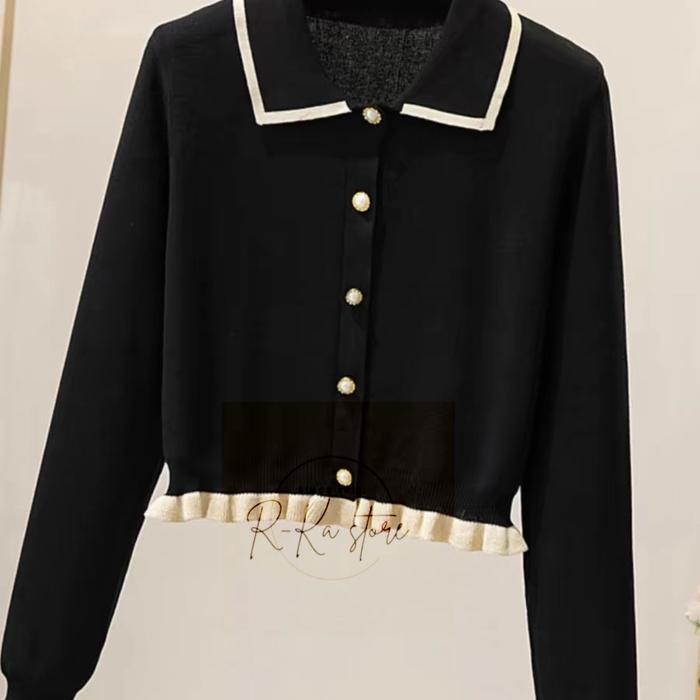 Switter Rajut Crop / Atasan Rajut Berkerah Hitam Putih Premium Knitwear Cardigan Outer Top Baju