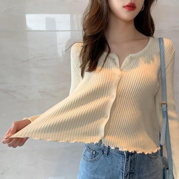 Kardigan Crop Rajut Lengan Panjang Kriwil Polos Baju Atasan Knitwear Wanita Rib Tebal