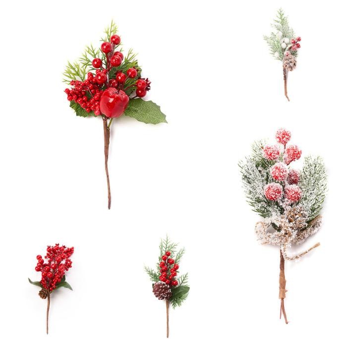 '+'+'+'+] Hiasan Bunga Natal Tangkai Kecil Cherry Merah Putih Pinus Hiasan Aksesoris Dekorasi Hiasan