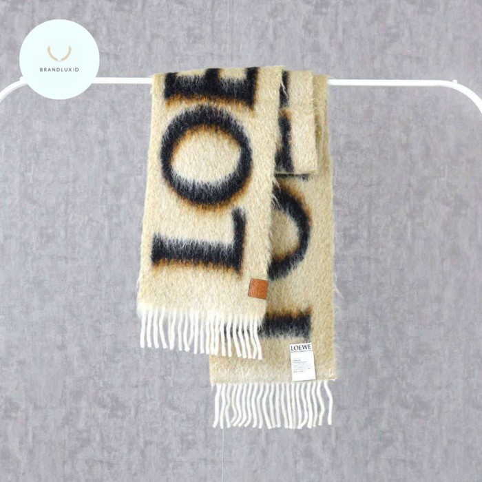 MURAH Loewe Scarf Scarf in Wool and Mohair Camel/Black & Light Grey/Dark Grey