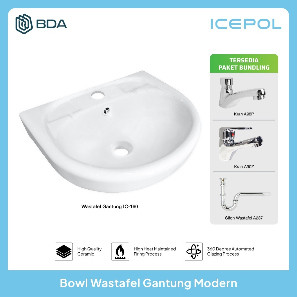 Icepol Wastafel Gantung Keramik Set Lengkap Tempat Cuci Tangan Modern IC 160 170 180 190 212 213