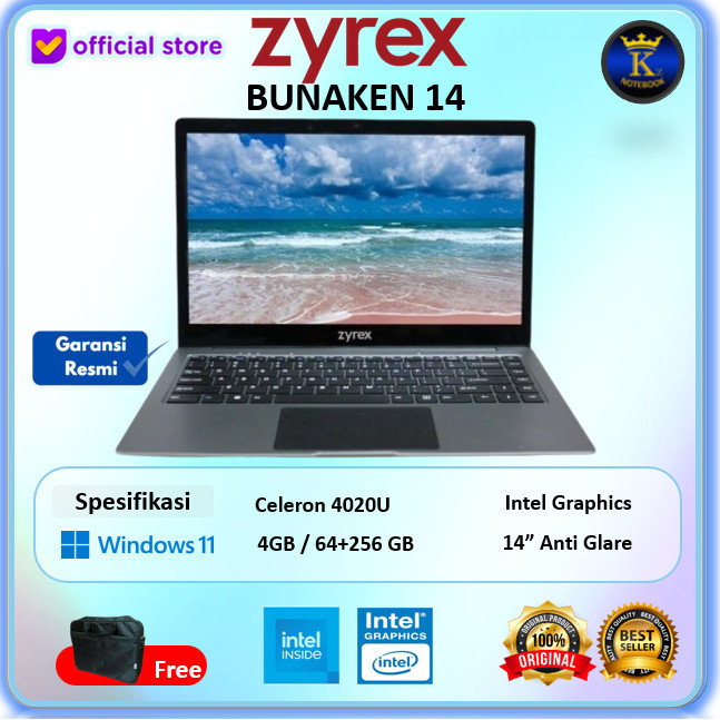 Laptop Zyrex Bunaken Celeron N4020 4Gb 64Gb+256Gb Windows 10 14" Anti Glare