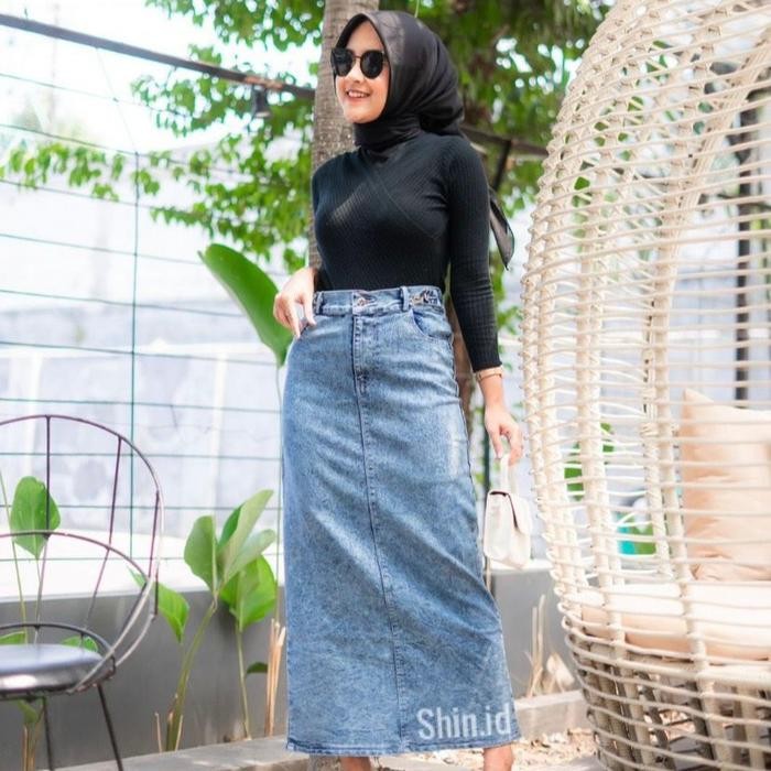 Fuji Rok Jeans Span Premium / Skirt Jeans Theana / Rok Jeans Span Skirt Panjang Wanita Asli 100%