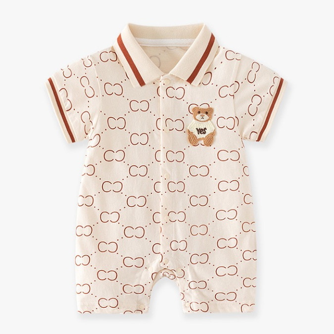 Jumper Bayi Kembar Unisex Lengan Pendek Style Elegan Motif Pita Cream Dan Bordir Bear Premium Baju P