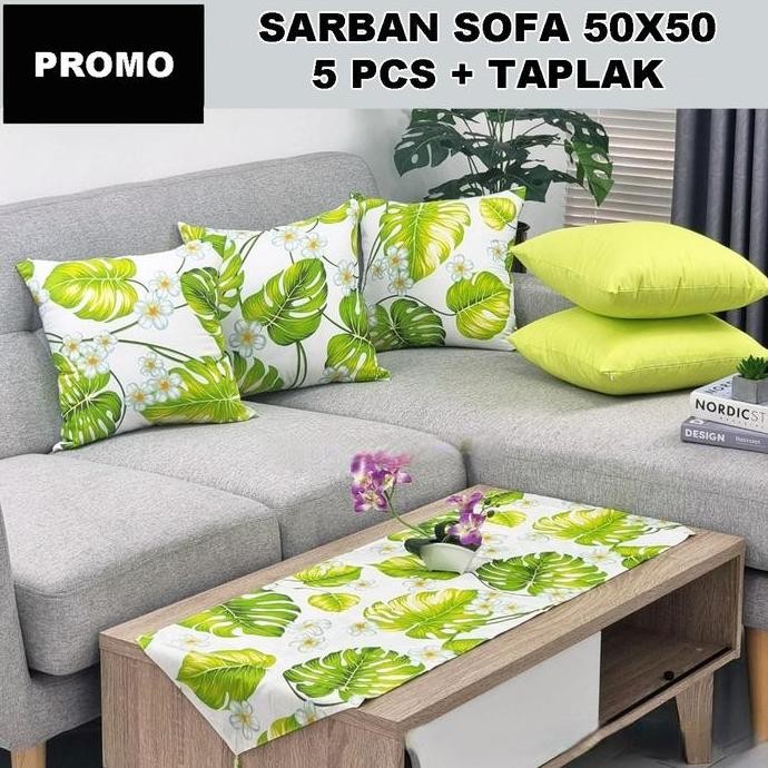 (COD) Sarung Bantal Kursi Sofa 1 Set 5 Pcs Ukuran 5050 Dan Taplak Meja Tamu Table Runner Tap Lak Kai