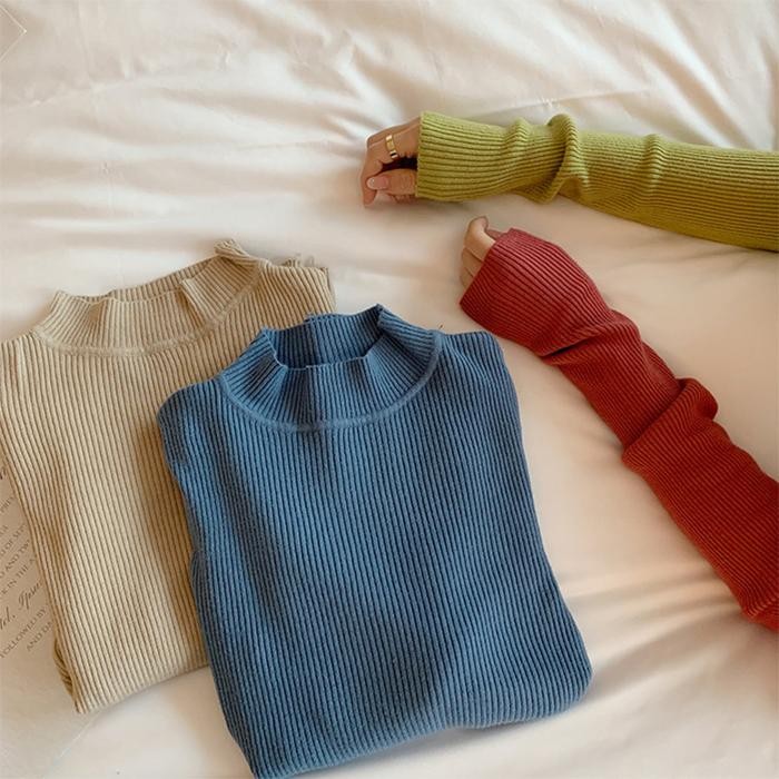 Foona Bj461 Baju Wanita Rajut Lengan Panjang Inner Rajut Turtleneck Atasan Wanita Manset Putih