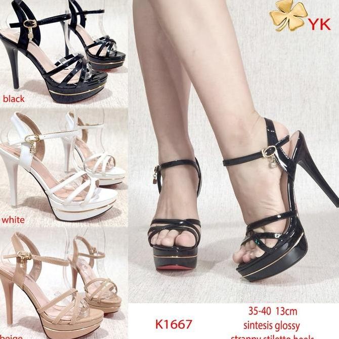 YKshoes 1667 heels 13cm strappy heels black white beige shoes import sepatu hak tali import glossy h