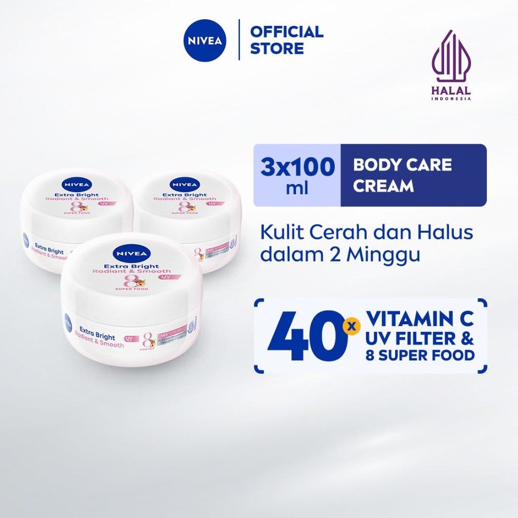 (PAKET HEMAT ISI 3) NIVEA Body Cream Extra Bright Radiant & Smooth UV Filter 100ml - Hand body krim 
