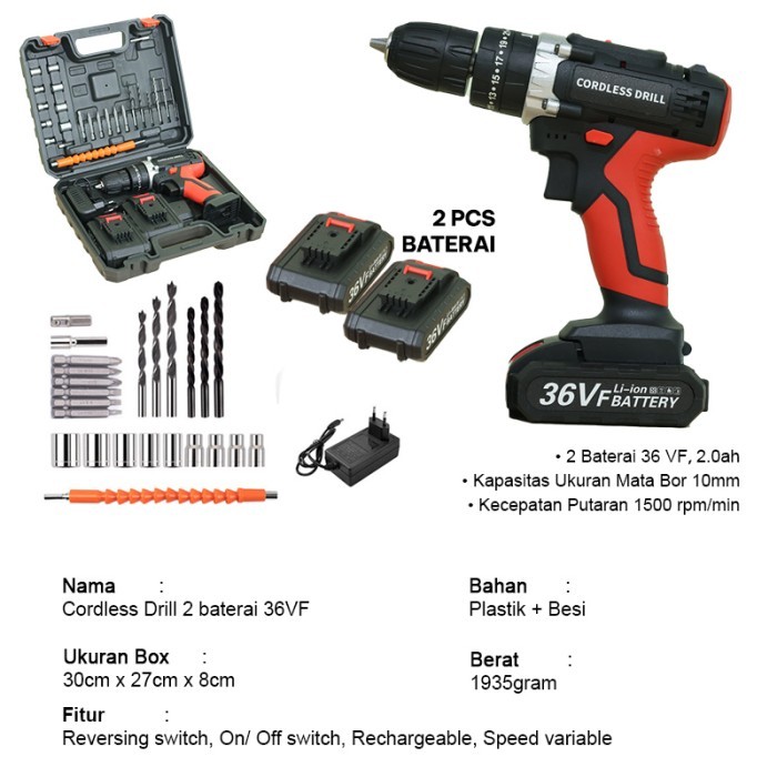 Mesin Brushless Kapasitas Ukuran Mata Bor 10Mm 2 Baterai 36Vf-G11B1