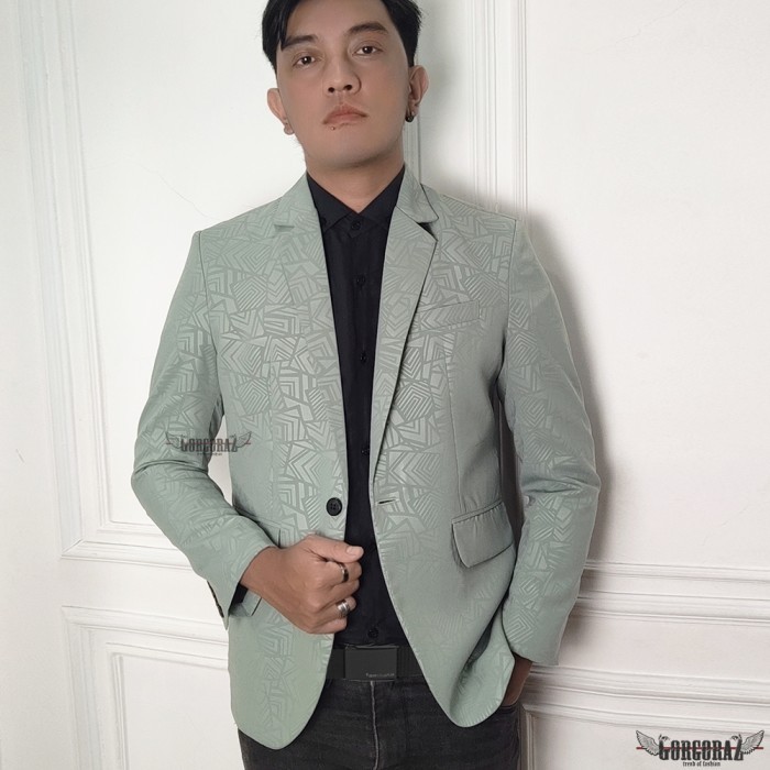 blazer jas motif pria batik embos sage slimfit casual formal
