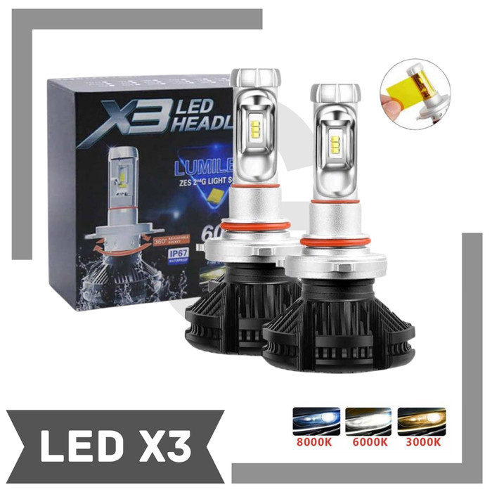 Lampu Led X3 H4 / H11 / H27 880/881 3Warna Head Lamp Mobil 1Set