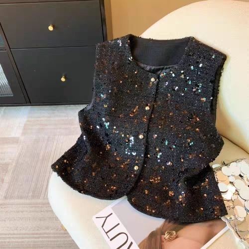 Black SequinWomen's Sleeveless Vest Shiny Vest Jacket