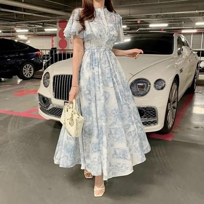 Maxi Dress Flary Marble Cloud Soft Pastel Elegant Vintage Flowy Korean Style Import KAL