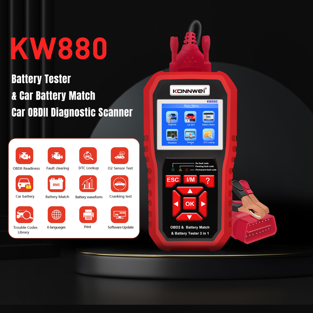 SALE KONNWEI KW880 12V Car Battery Tester Analizer Auto Diagnostic Tool Battery Match 3 in 1 Car OBD