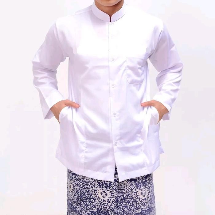 Baju koko Muslim pria dewasa mewah Elegan baju Koko lengan panjang saku samping Motif polos Putih