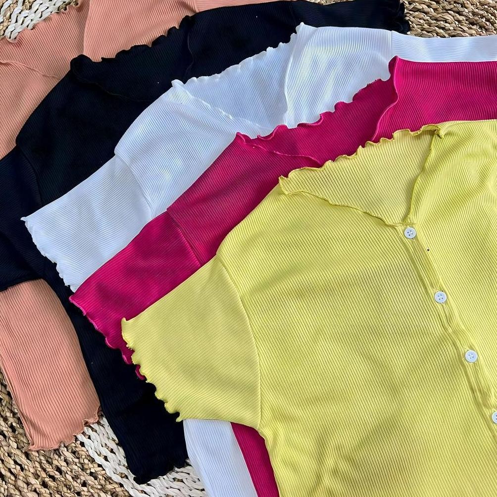 Crop Kancing V-Neck Lengan Pendek Bahan Rib Rajut / Cardigan Crop Top Kardigan