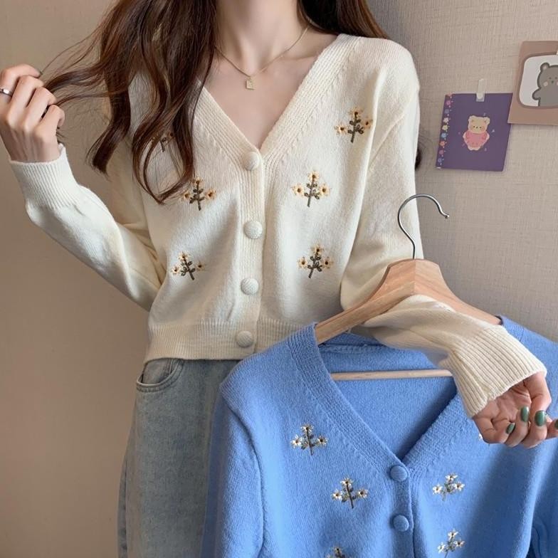 Mona-Knit Cardigan | Terbaru Cardi Outer Wanita Rajut Lengan Panjang Bordir Bunga Kembang Korea