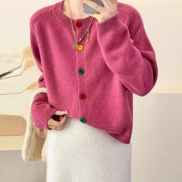 Cardigan Rajut Leher Bulat Kancing Warna-Warni Gaya Korea Baru