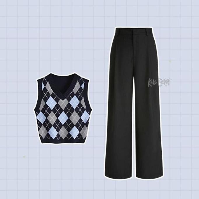 Terlaris One Set Wanita Korean Style (Vest + Kemeja + Celana) Outfit Ootd Kekinian Hijab - Kk112 Ata