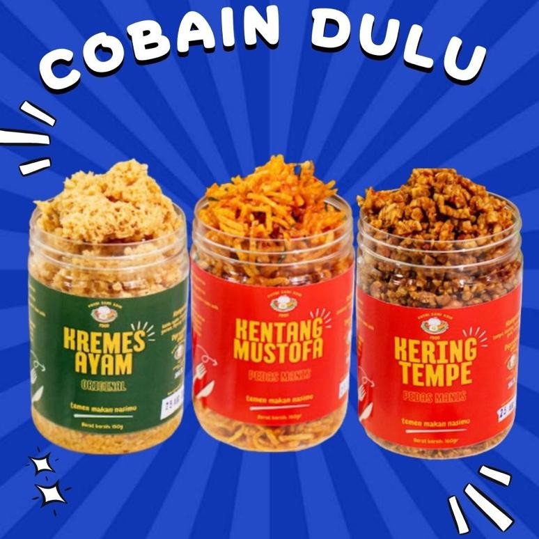 

ss-64 PAKET COBAIN DULU Kremes Ayam Original 180gr/ Kentang Mustofa Pedas Manis 180gr/Kering Orek Tempe Pedas Manis 250gr Putri Sami Asih Food Viral