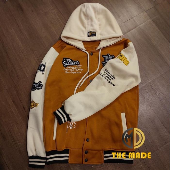 Jaket Varsity Baseball Hoodie Vintage Logo Full Bordir Pria Dan Wanita Terbaru Model Kupluk Keren Ba
