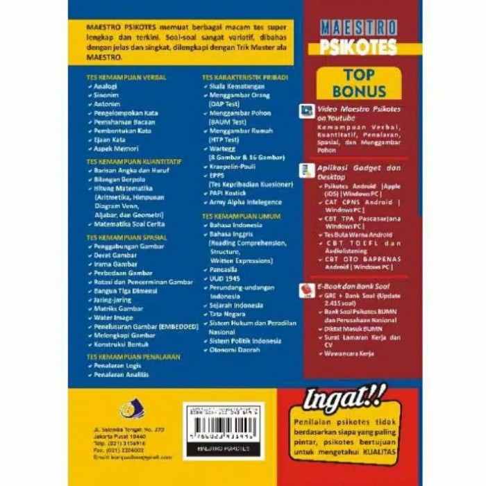 

BERGARANSI BUKU TPA PSIKOTES MAESTRO PSIKOTEST KERJA BUMN CPNS PASCA SARJANA