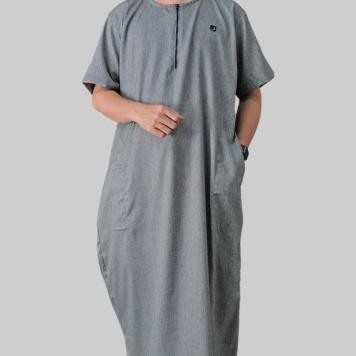 Jubah Oblong ROSAL Abu Tua Baju gamis pria al haramain lengan pendek tanpa kerah bahan Madinah Terla