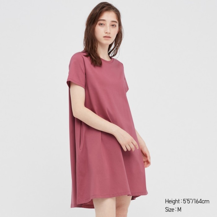 Uniqlo Gaun Mini Mercerized Katun Lengan Pendek / Gaun Mini Wanita