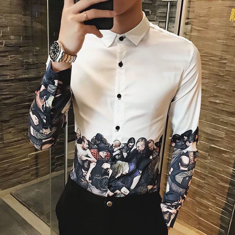 Kemeja Lengan Panjang Pria Cetakan Kepribadian Pria Kemeja Stretch Pria Gaya Korea Slim Fit Kemeja P