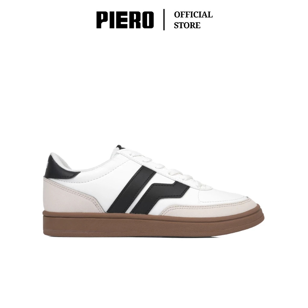 PIERO SEPATU SNEAKERS PRIA COURT DERBY BIG LOGO WHITE BLACK BROWN PIE1000156