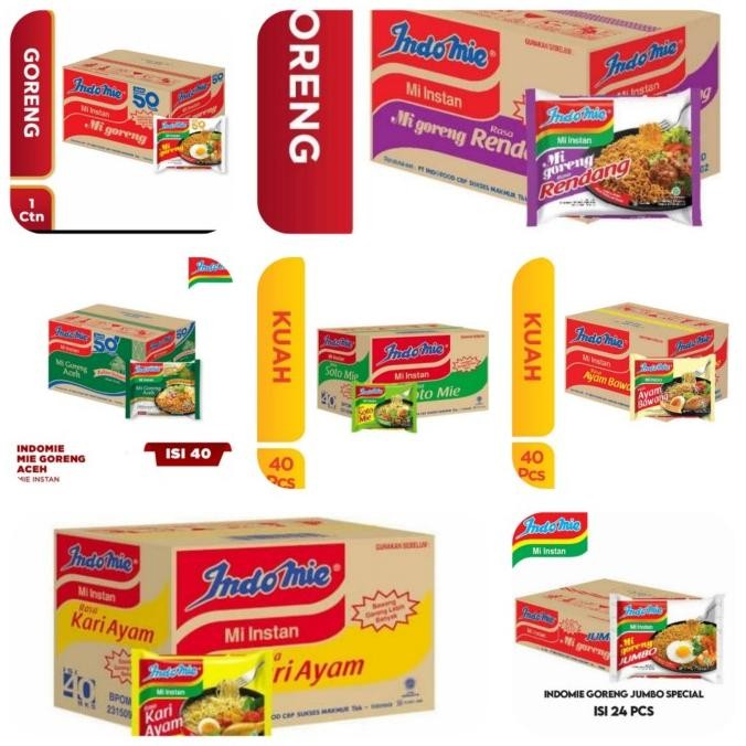 READY INDOMIE GORENG SPESIAL,JUMBO,MI GORENG ACEH,MIE AYAM BAWANG,SOTO,KARI,MIE RENDANG 1 DUS ISI 40
