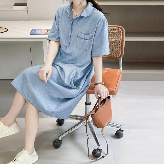 DRESS MIDI SOFT JEANS OVERSIZE BIRU MUDA DROP WAIST KOREA