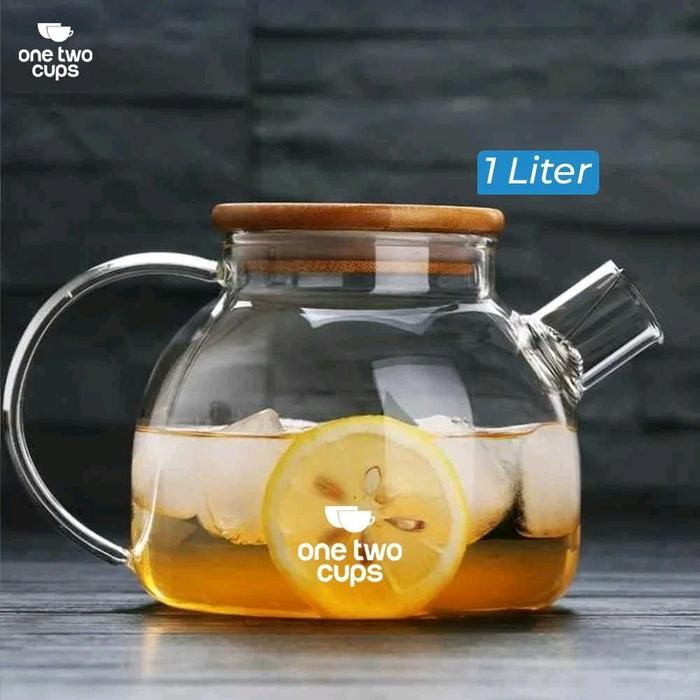Teko kaca pitcher tea glass tutup kayu - 1 liter